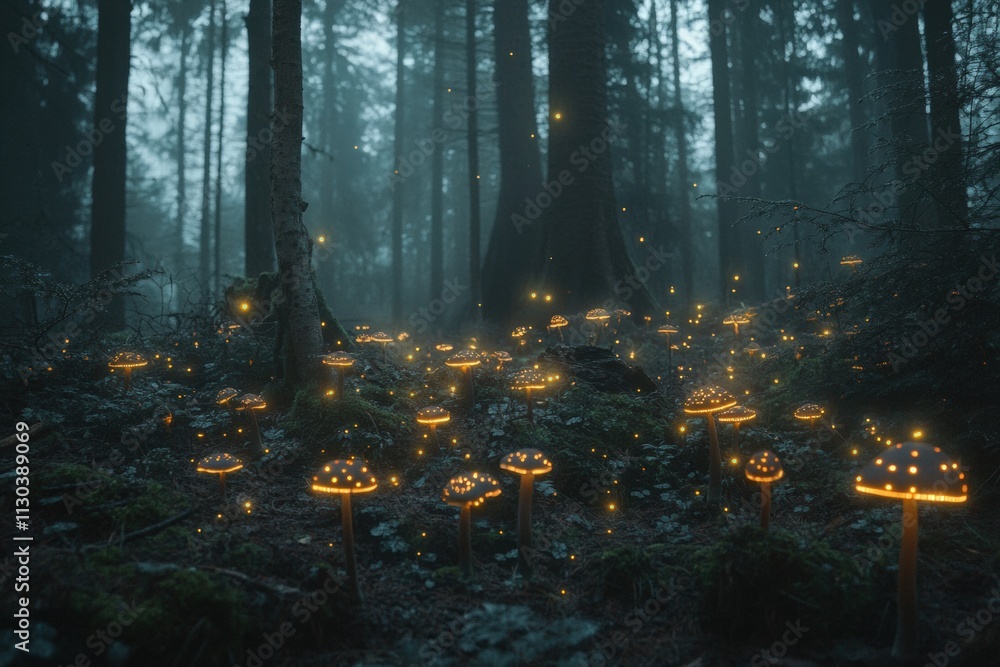 Obraz premium A mystical forest with glowing mushrooms and magical fireflies.