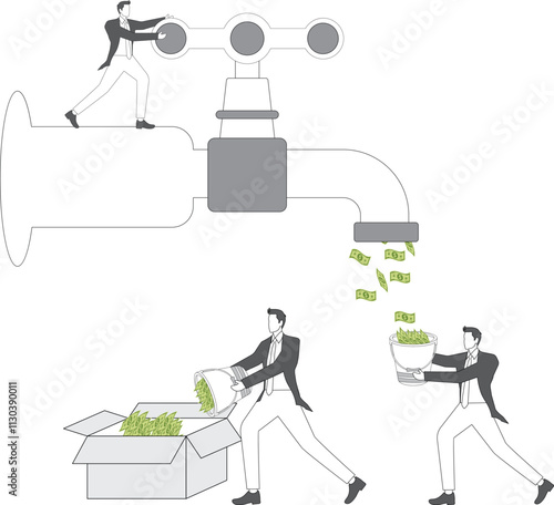 Economic aid or subsidies, investment profits, business profits, businessmen receiving cash from open dollar-sign taps