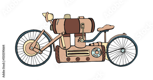 Steampunk motorcycle with retro-futuristic design. Vintage 19th-century vehicle, steam engine. Sci-fi transport, industrial mechanical motorbike. Vector illustration isolated on white background