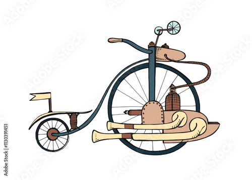 Steampunk bicycle. Vintage retro steam-punk vehicle. Bike with engine, gears. Cycle in Victorian industrial style, old 19th century design. Drawn vector illustration isolated on white background