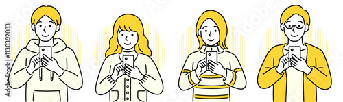 スマホを操作する私服の人々・家族・シンプルでポップなベクターイラスト
