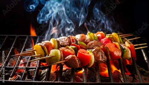 Skewers of meat on a big steaming barbecue