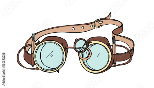 Steampunk goggles in retro design. Vintage eyewear with mechanical optical gears, straps. Steam-punk style glasses, spectacles, industrial aesthetics. Vector illustration isolated on white background