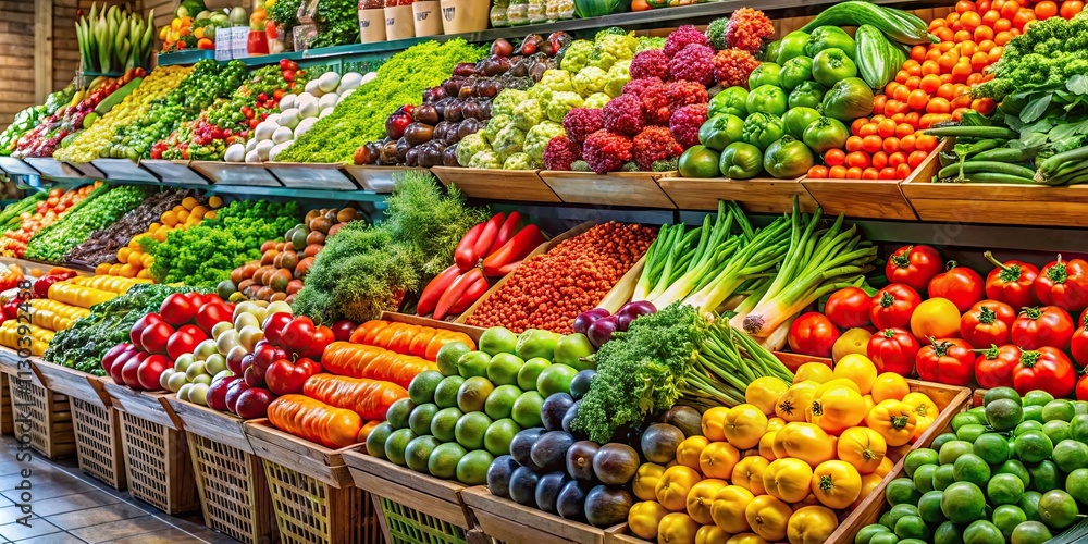 Obraz premium Fresh market produce display with vibrant colors, fresh, market, produce, fruits, vegetables, vibrant, colors, display