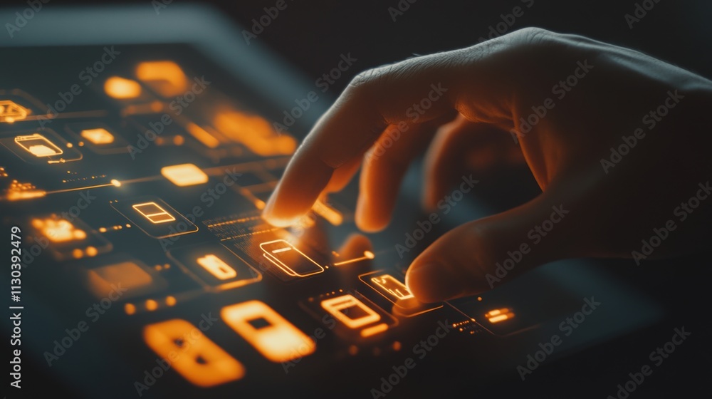 Fototapeta premium Hand Interacting with High-Tech Digital Interface on Dark Background