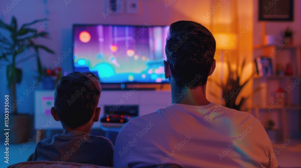 Father and child enjoying a cozy evening together while watching a colorful animated show Father and child enjoying a cozy evening together while watching a colorful animated show