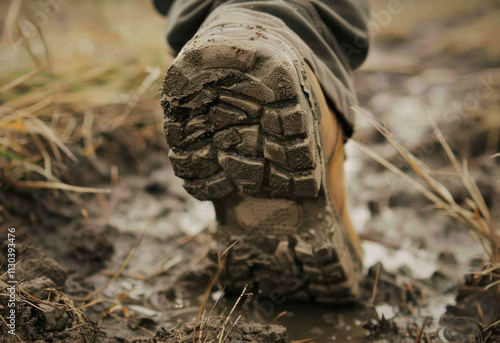 close up low shot man hiking in mountain forest Mud route drity travel photo