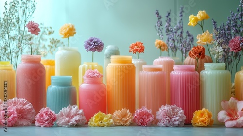 Pastel candles and flowers in a decorative arrangement