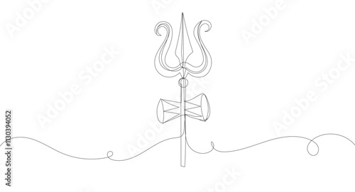 Black single line art trident. Shiva's iconic Trishula weapon of hinduism, silhouette and simple