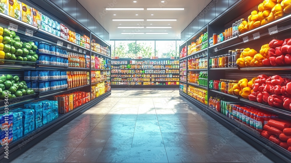 Wide grocery aisle with colorful fruits and vegetables
