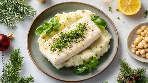 Barramundi is beautifully plated on creamy mashed potatoes, garnished with fresh herbs, surrounded by festive decorations that create a warm, inviting holiday atmosphere.