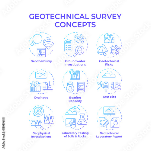 Geotechnical survey blue gradient concept icons. Civil engineering ground investigation. Geodetic technology. Icon pack. Vector images. Round shape illustrations for articles. Abstract idea