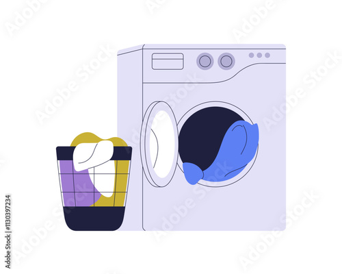 Washing machine with laundry basket. Domestic appliance, washer for cleaning dirty clothes, garment heap. Automatic equipment, housework device. Flat vector illustration isolated on white background