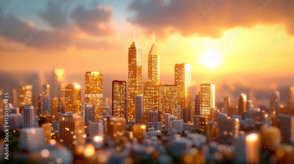 Fototapeta premium The breathtaking illustration showcases a futuristic cityscape with glistening gold skyscrapers piercing the sky, reflecting the warm hues of the setting sun