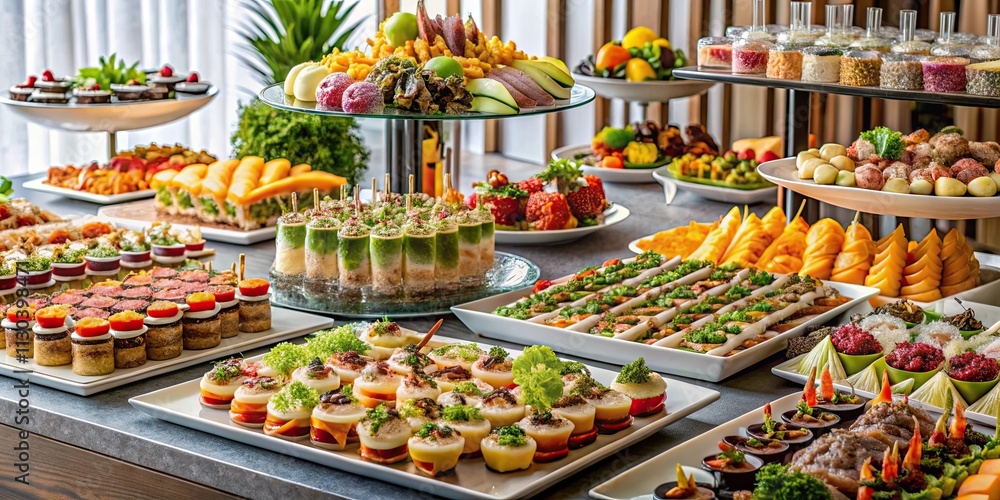 Fototapeta premium Luxurious buffet table with a variety of gourmet appetizers, including sushi, cold cuts, and desserts for a high-end event