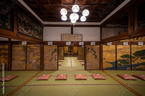 Photography Traditional Japanese tatami room with ornate sliding doors.
