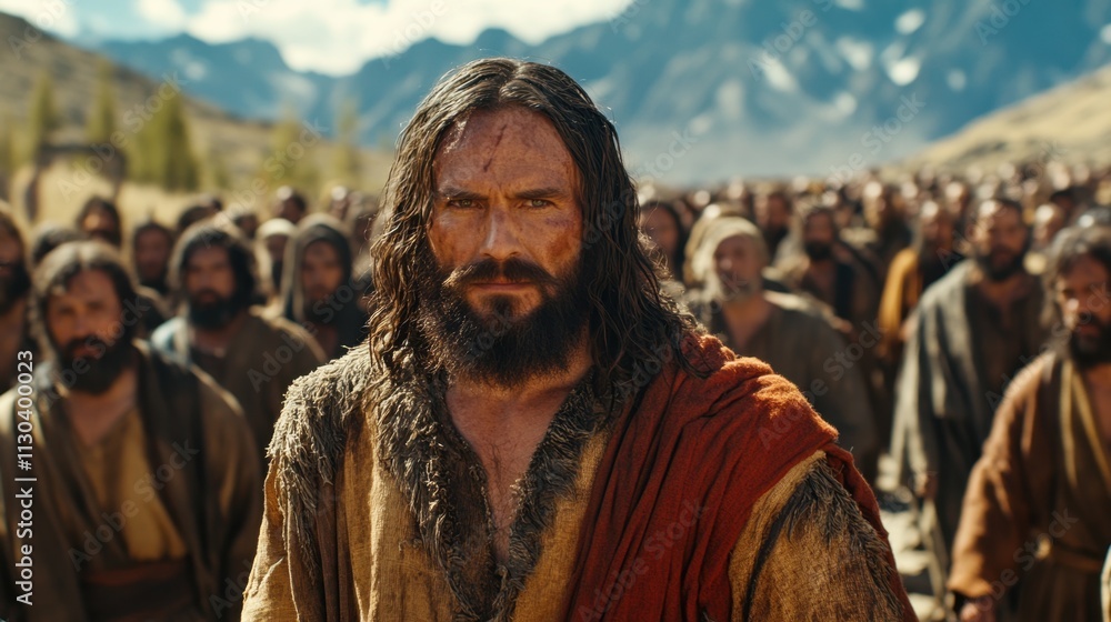 Inspirational gathering of followers in ancient times, portraying unity and faith among diverse individuals in a breathtaking landscape
Inspirational gathering of followers in ancient times, portraying unity and faith among diverse individuals in a breathtaking landscape