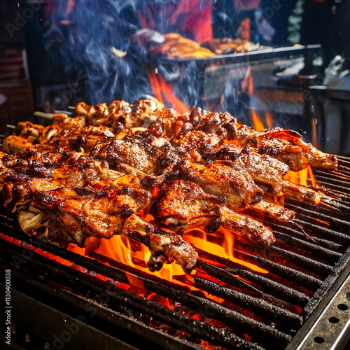 Skewers of meat on a big steaming barbecue photo