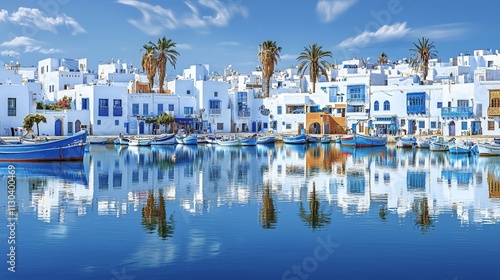Enjoy a Tunisian beach scene with turquoise waters and historic buildings