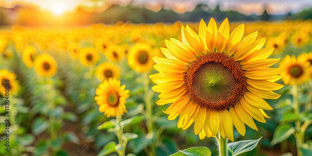 Obraz premium Close-up shot of a vibrant sunflower in a field of sunflowers, sunflower, field, nature, bloom, yellow, petals, close-up