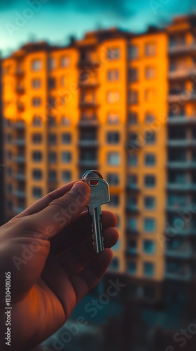 Close-up of a hand holding keys, with an apartment building in the background