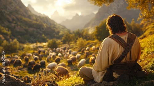 Shepherd tending to flock amid breathtaking mountains during golden hour in a serene pastoral landscape
