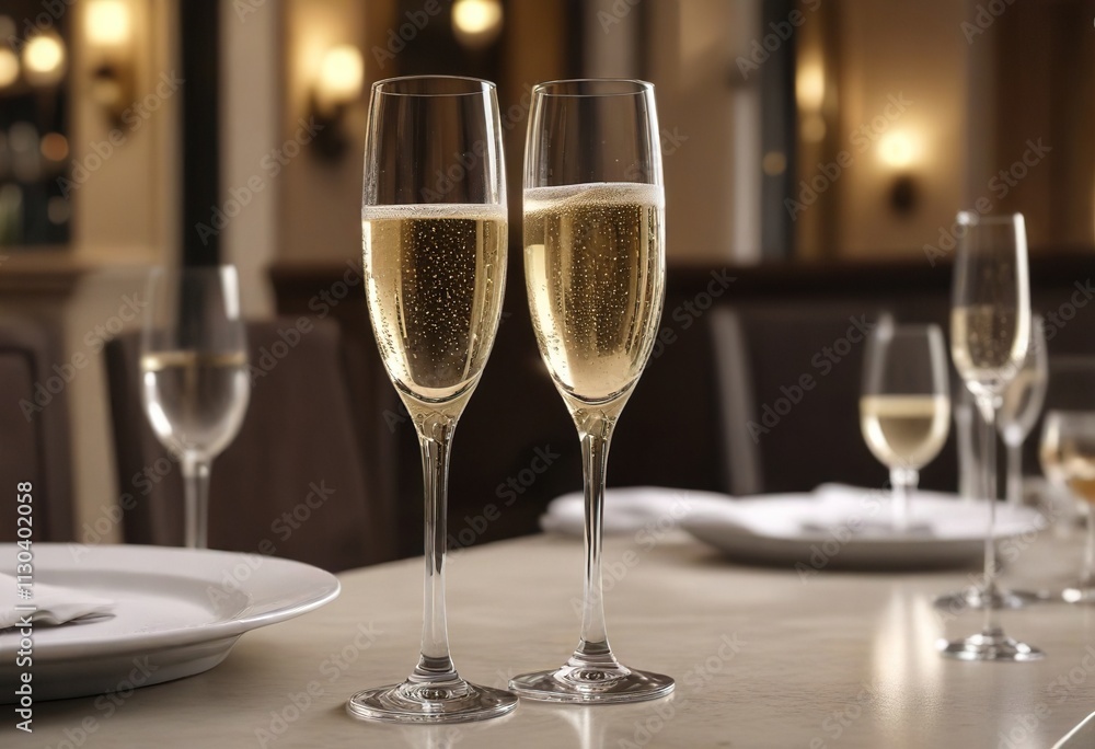 A crystal flute of bubbly champagne on a table in an elegant restaurant setting, celebration, elegance, night out A crystal flute of bubbly champagne on a table in an elegant restaurant setting, celebration, elegance, night out