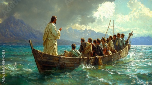 Iconic moment of teaching on the water with followers captivated by spiritual wisdom during a serene day
