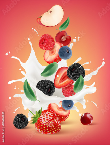 Soy milk packaging mock up with soybean, almond, chocolate isolated on solid color background. Realistic vector in 3D elements.
