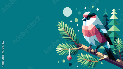 orioles bird perched on a pine tree branch in a low poly illustration