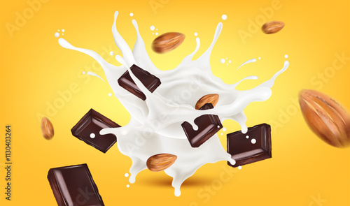 Soy milk packaging mock up with soybean, almond, chocolate isolated on solid color background. Realistic vector in 3D elements.