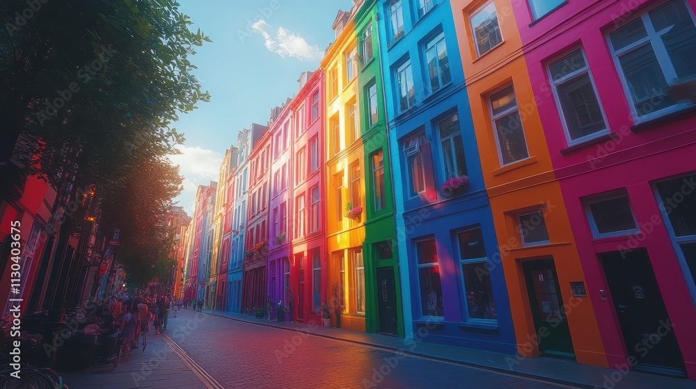 Obraz premium Colorful houses line a sunlit street, pedestrians stroll along the vibrant buildings.