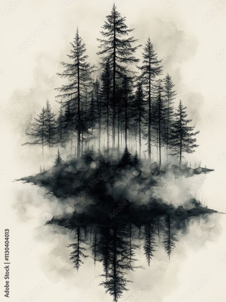 Fototapeta premium Dark forest island reflected in mist.