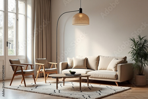 A stylish Parisian apartment reveals its modern living room, infused with Scandinavian charm. The camera captures a cozy corner, bathed in soft, natural light streaming through the floor-to-ceiling wi