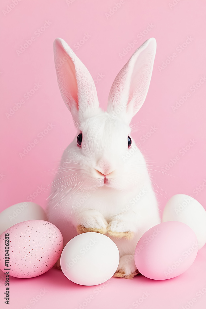 Fototapeta premium A charming white rabbit sits among colorful pastel eggs, embodying the spirit of Easter in a joyful spring setting