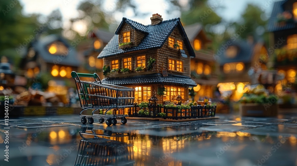 Obraz premium Cozy cottage by a river illuminated with warm lights
