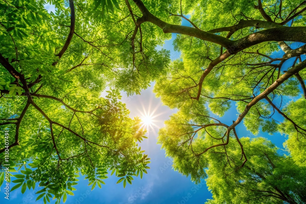 Fototapeta premium Serene Nature Scene with Tree Branches on the Left Side and Clear Blue Sky, Perfect for Background Use, Showcasing the Beauty of Natural Landscapes and Tranquility