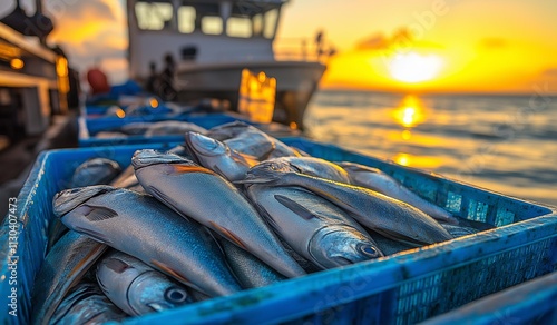 Ai generation image Fishermen on fish market,fishing boat background ,Transporting bluefish in clean blue crates from a fishing boat to the fish market photo