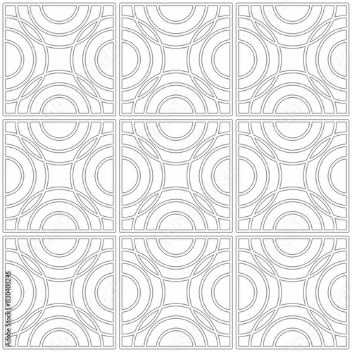 Seamless abstract geometric pattern consisting of layered semicircular shapes in a grid layout. Great for backdrops, wallpaper, or decorative art projects.