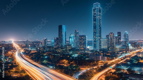 Cityscape with glowing lights and vibrant evening sky