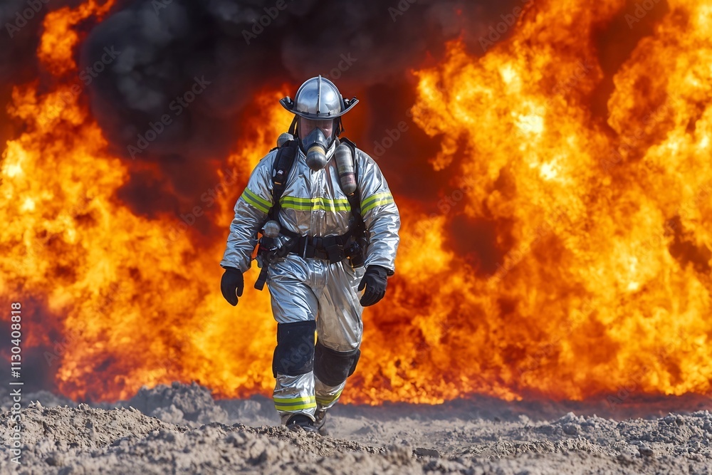 Naklejka premium Courageous Firefighter Battles Raging Chemical Blaze in Reflective Hazmat Suit Amidst Swirling Smoke and Intense Flames