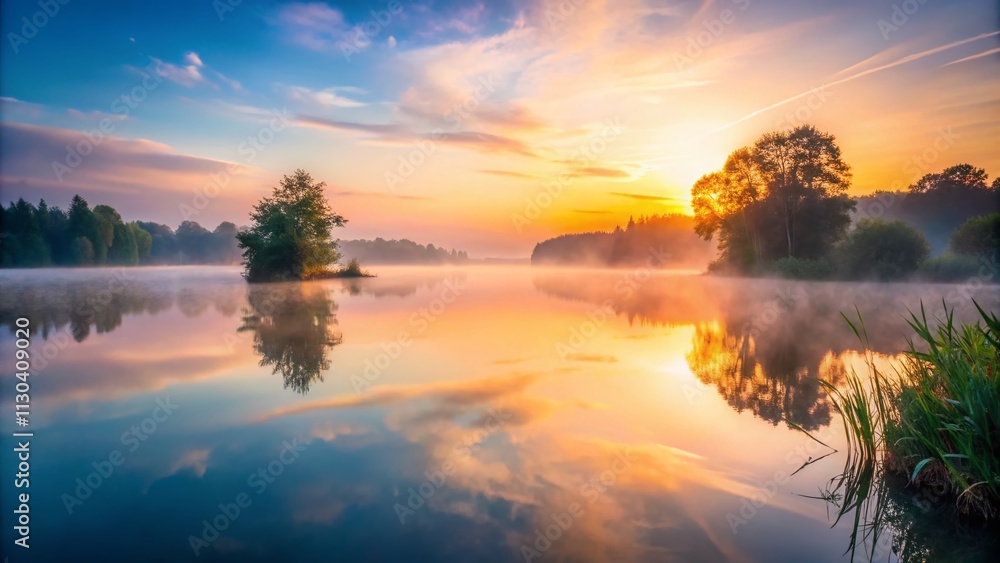 Fototapeta premium Serene Sunrise Over Tranquil Lake with Ethereal Background, Perfect for Product Photography and Nature-Themed Displays, Evoking Peace and Calmness in Every Shot