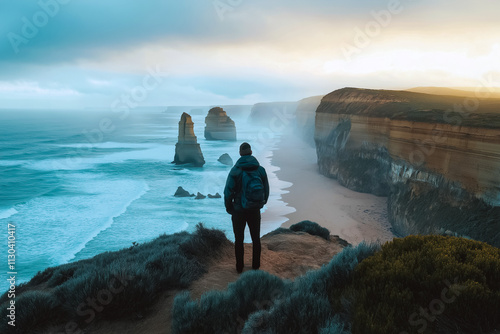 A view of a man standing on a coastal cliff edge above a scenic landscape. photo