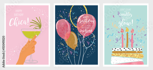 Set of birthday postcards with confetti, balloons, cocktail, cake and hand writing. Invitations, happy birthday. Vector templates great for card, poster, flyer or banner