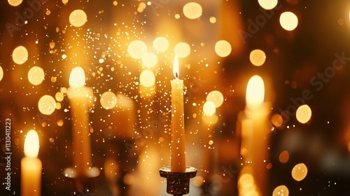 A blurred image of champagne glasses and candles with golden sparkles in the foreground 