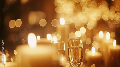 A blurred image of champagne glasses and candles with golden sparkles in the foreground 
