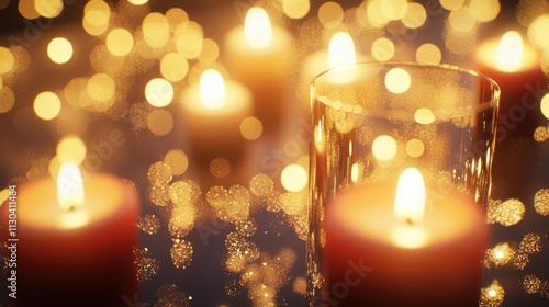 A blurred image of champagne glasses and candles with golden sparkles in the foreground 