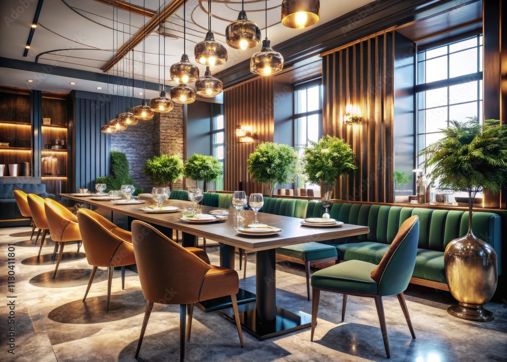 Fototapeta premium Luxurious Empty Restaurant Interior: Sleek Marble Dining, Vintage Modern Design