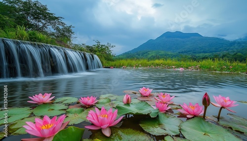 AI generator images of many lotus flowers It is blooming beautifully. In the water are streams and ponds formed by waterfalls flowing from the mountains. The air contains steam and fog. Makes you feel photo