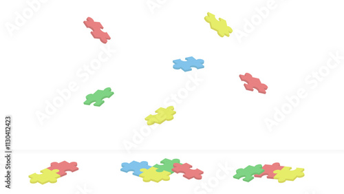 Illustration of colorful 3D puzzle pieces in red, green, yellow and blue falling and landing on the floor on a white background
